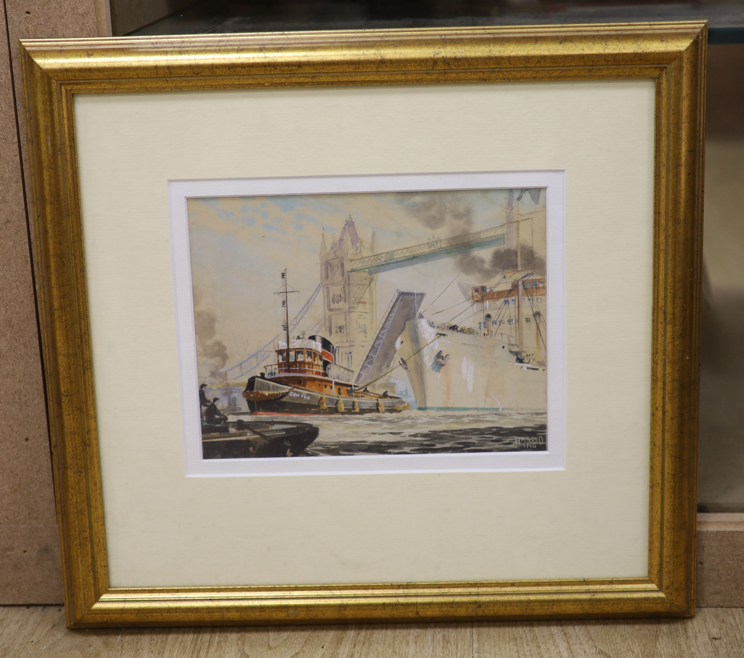 Harold Ing (1900-1973), gouache, Tug beneath Tower Bridge, signed, 17 x 22cm